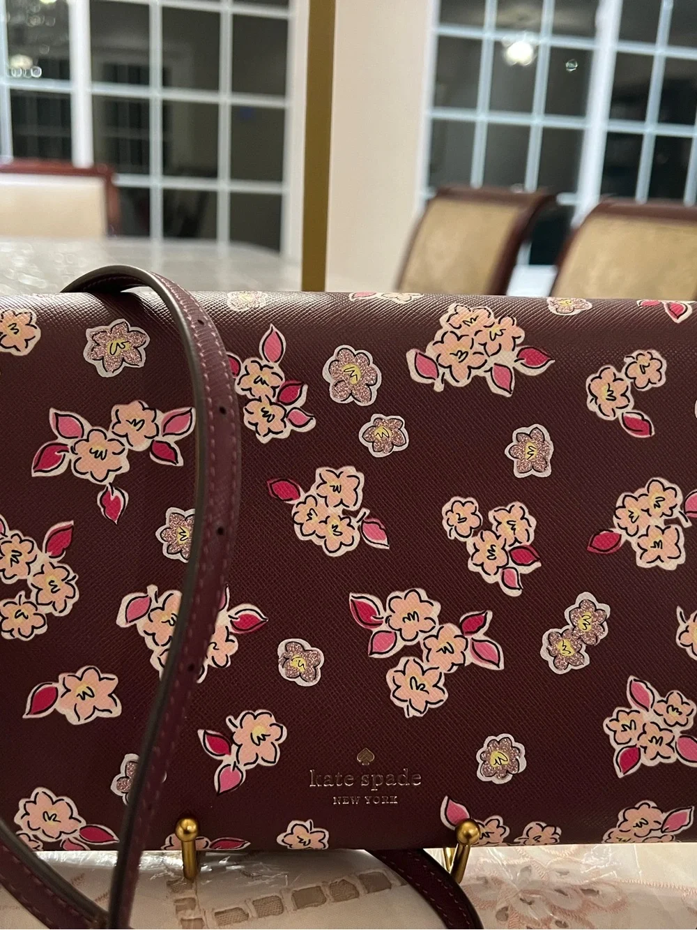 Kate Spade Floral Crossbody Wallet On Chain Burgundy Pink Boutique Luxury - Picture 5 of 12